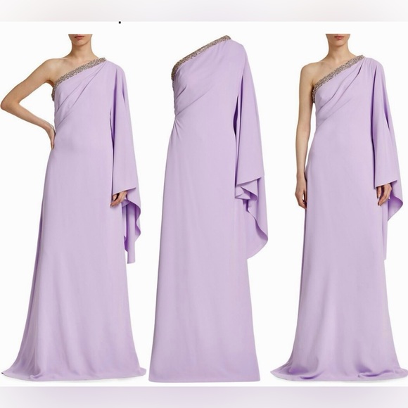 Reem Acra Women's Embellished One-Shoulder Crepe Gown Lilac Long Dress